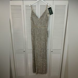 Mac Duggal Geometric Embellished Crystal Drop VNeck Gown Nude Silver Size 10 NWT